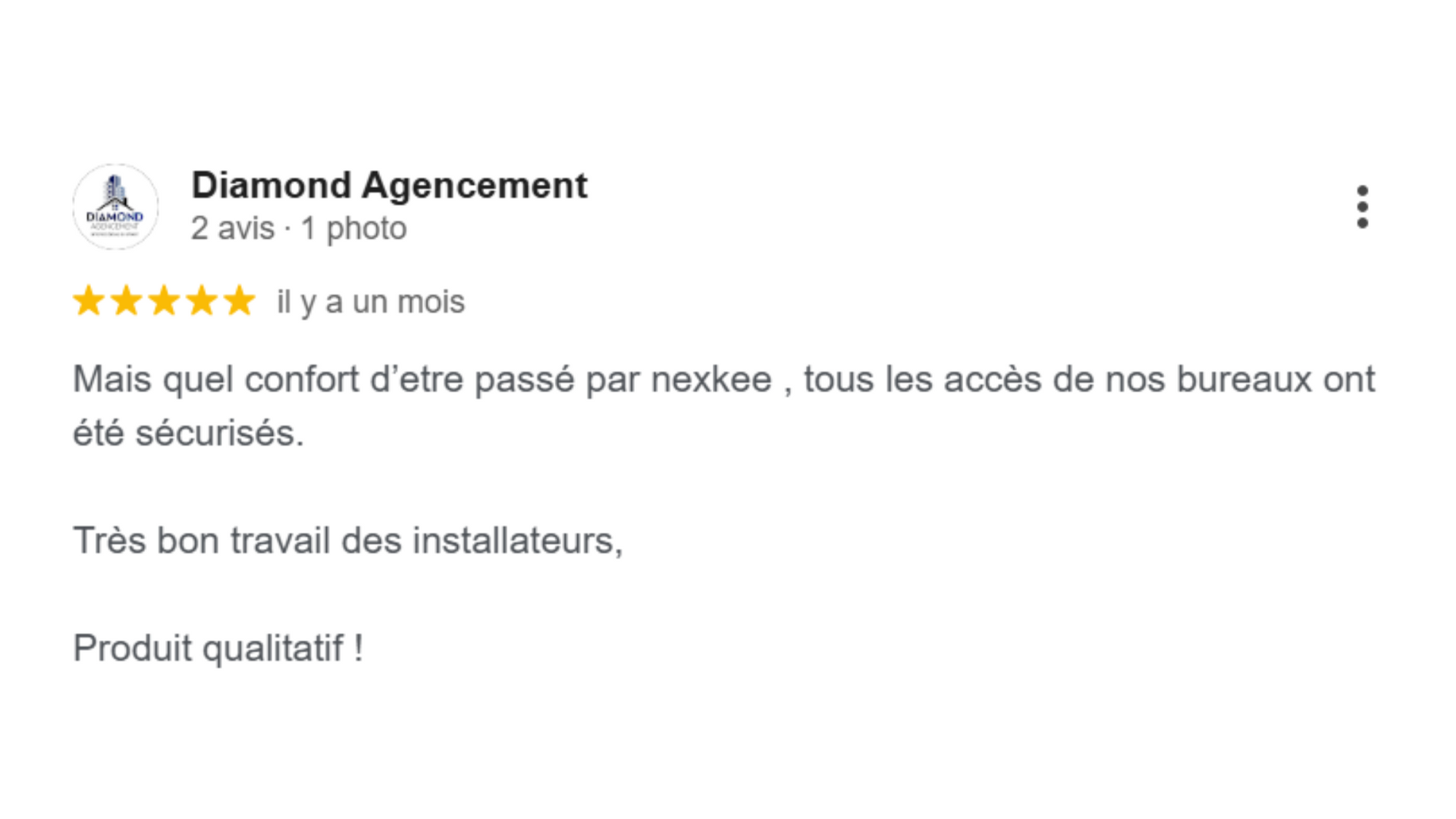 Avis sur Nexkee de Diamond Agencement avec une note de 5 étoiles, indiquant un travail de sécurité au bureau.