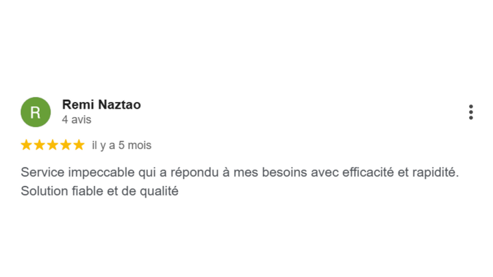 Avis de Rémi Naztao : Note 5 étoiles, saluant l'efficacité et la fiabilité du service.