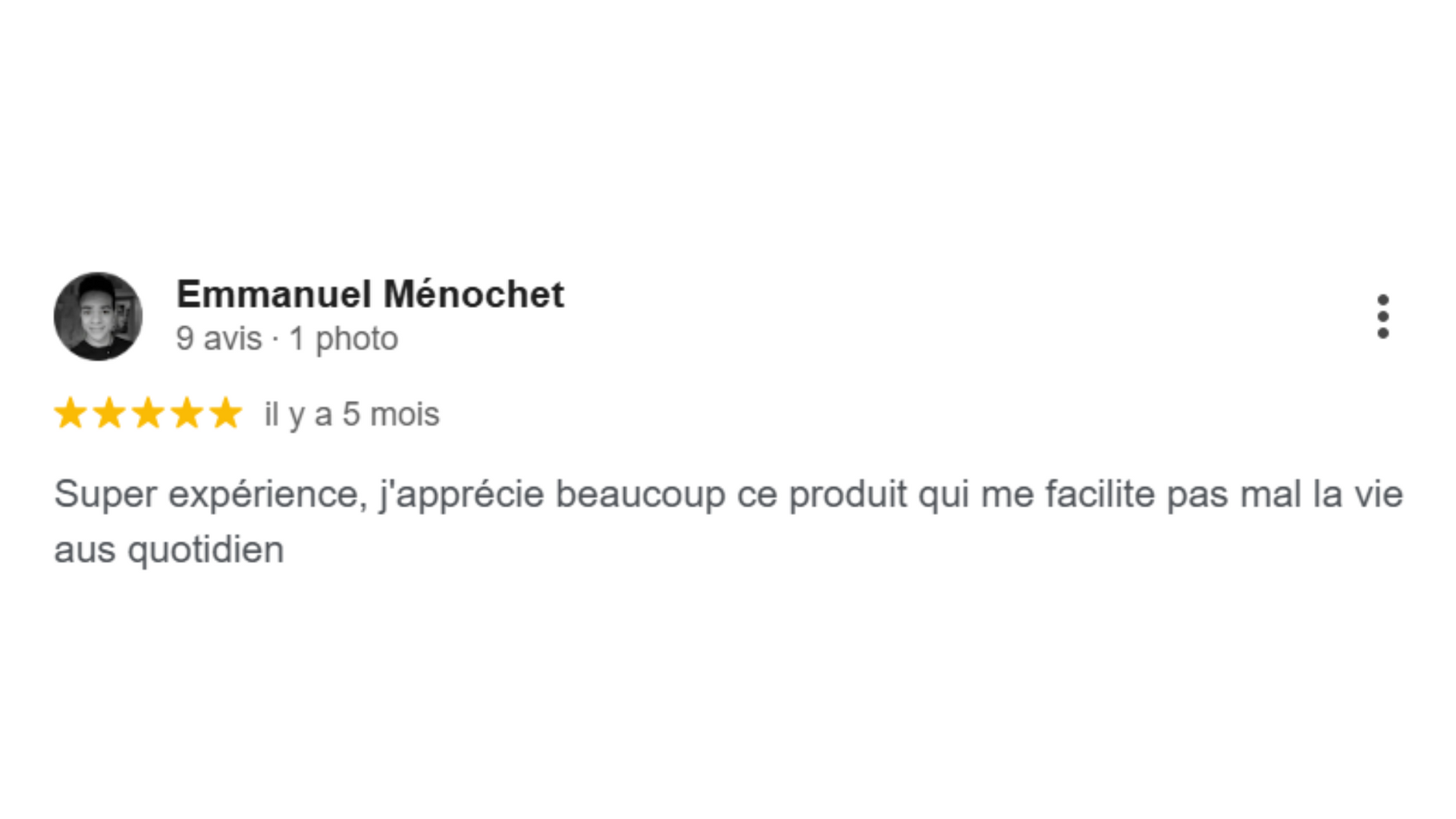 Review by Emmanuel Menochet: 5-star rating, text reads, 