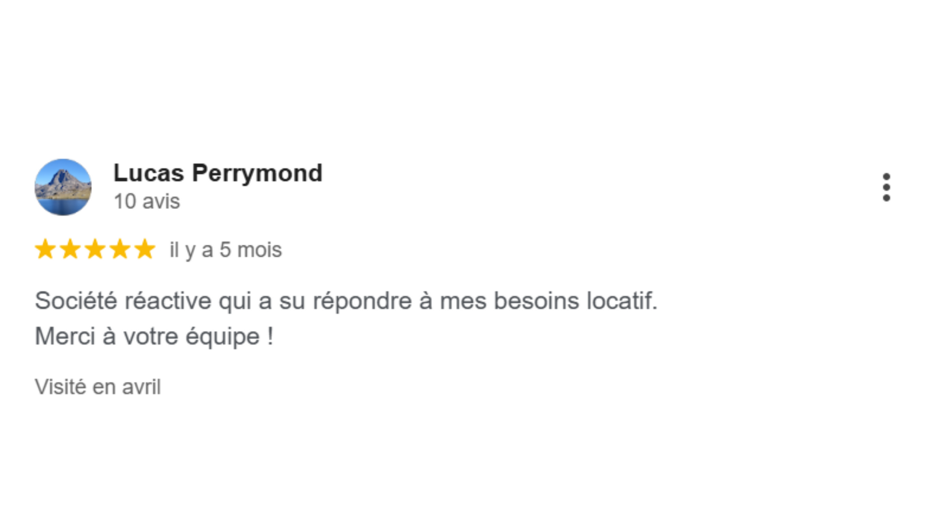 Avis de Lucas Perrymond : note 5 étoiles, avis « Société réactive », daté d'il y a 6 mois.
