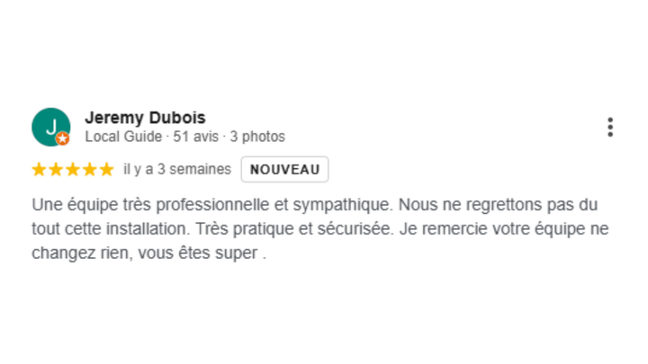 Avis sur l'installation d'une équipe professionnelle et sympathique, note 5 étoiles.
