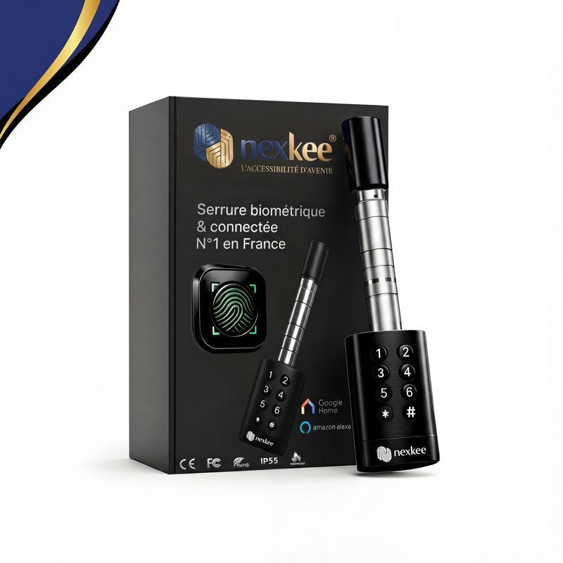 Boîtier avec serrure biométrique noire, lecteur d'empreintes digitales et clavier numérique. Texte : « nexkee ».