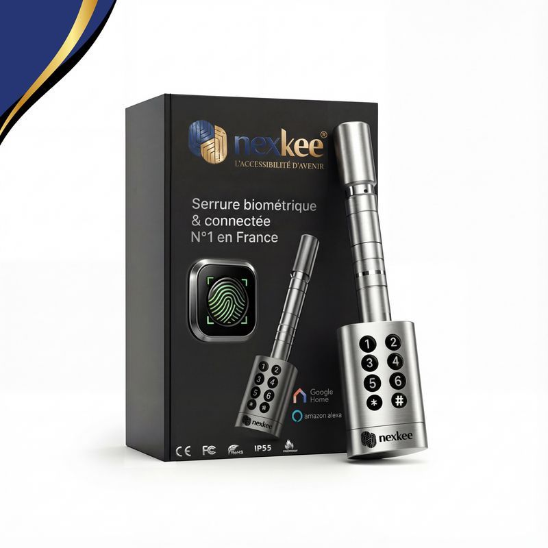 Serrure intelligente biométrique Nexkey en boîte, finition argentée, lecteur d'empreintes digitales et pavé numérique, texte en français, fond blanc.