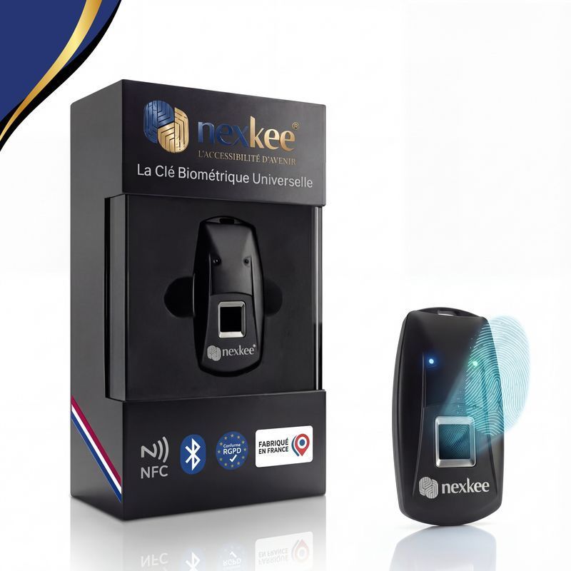 Clé biométrique Nextee noire dans son emballage, illustrée avec le lecteur d'empreintes digitales bleu. L'emballage comporte les icônes NFC et Bluetooth.