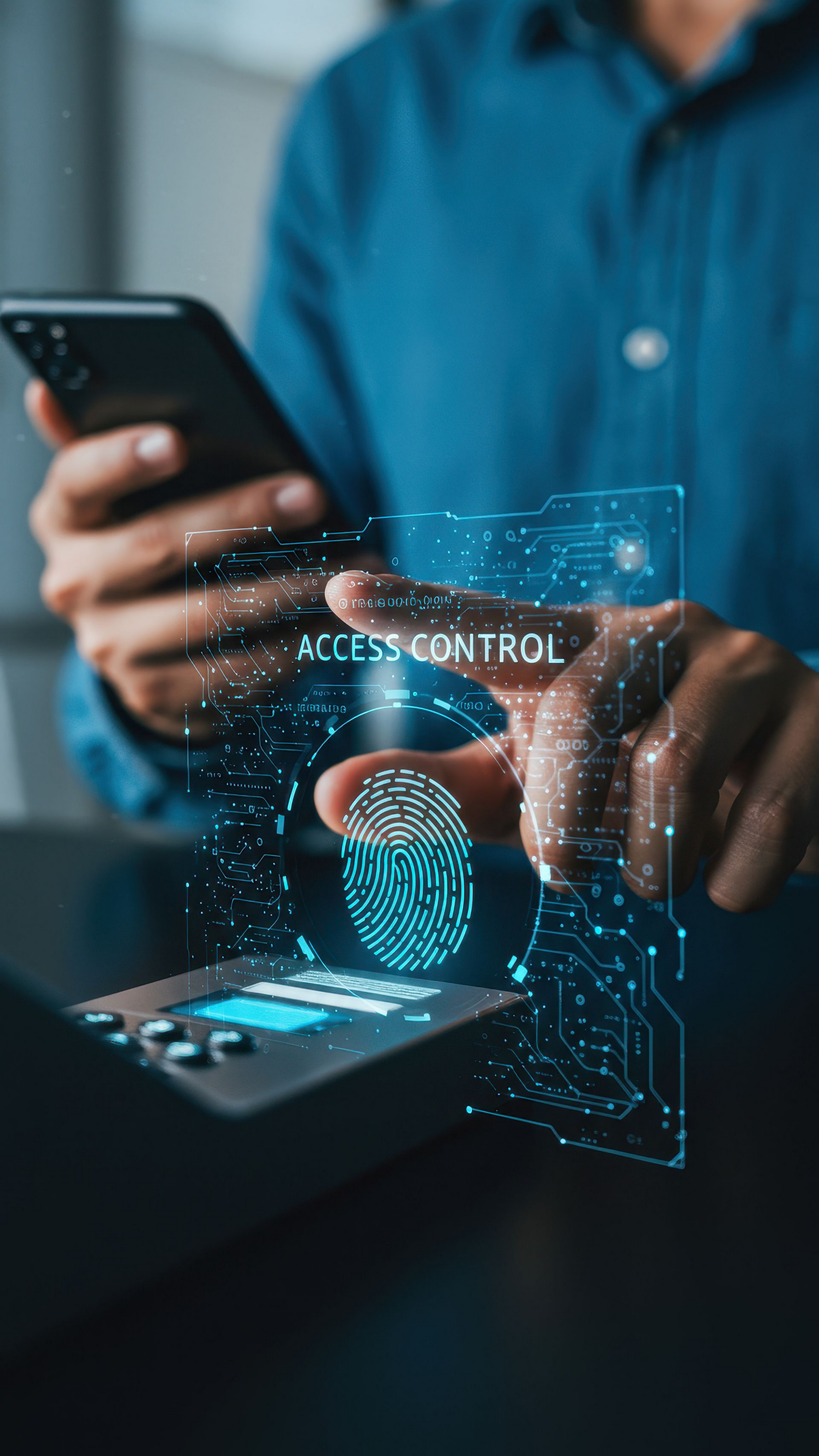Personne utilisant un lecteur d'empreintes digitales et son téléphone pour contrôler l'accès. Affichage numérique affichant l'empreinte digitale.