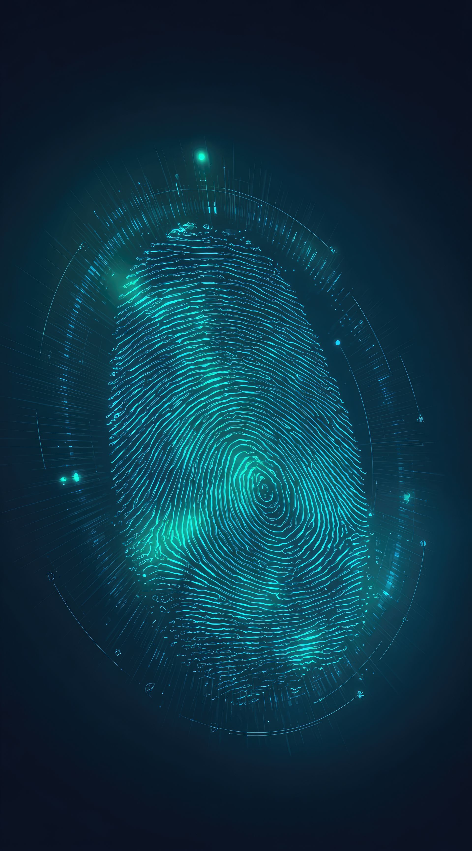 Empreinte digitale, bleu-vert brillant, sur fond bleu foncé. Illustre la sécurité numérique.