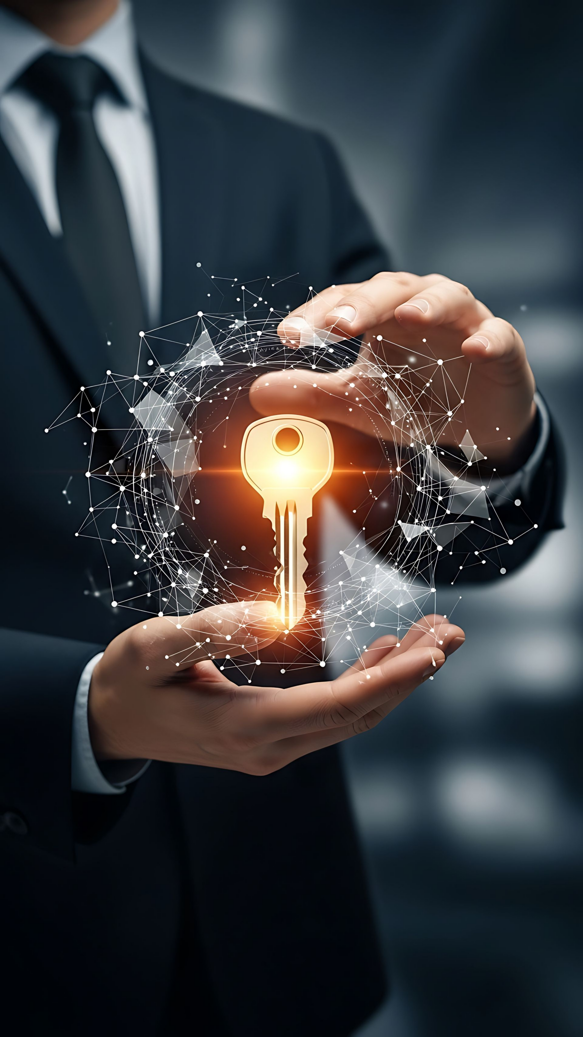 Homme d'affaires tenant une clé lumineuse, entouré de particules scintillantes.