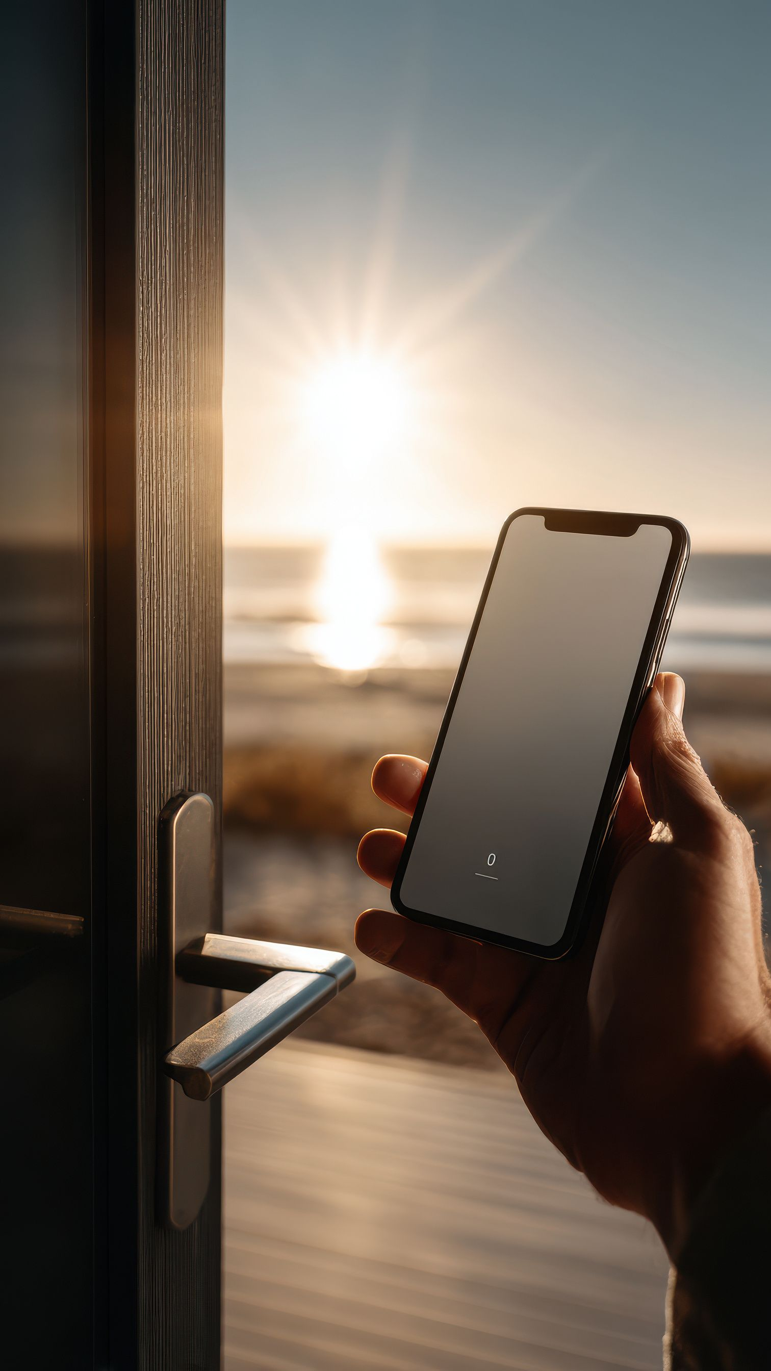 Main tenant un smartphone devant un coucher de soleil sur la plage, près d'une porte avec une poignée.