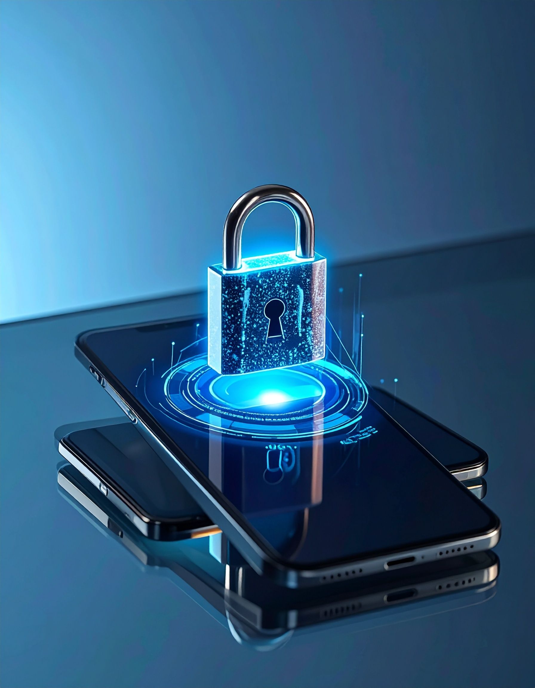 Smartphone avec icône de cadenas numérique superposée, bleu brillant, concept de sécurité.
