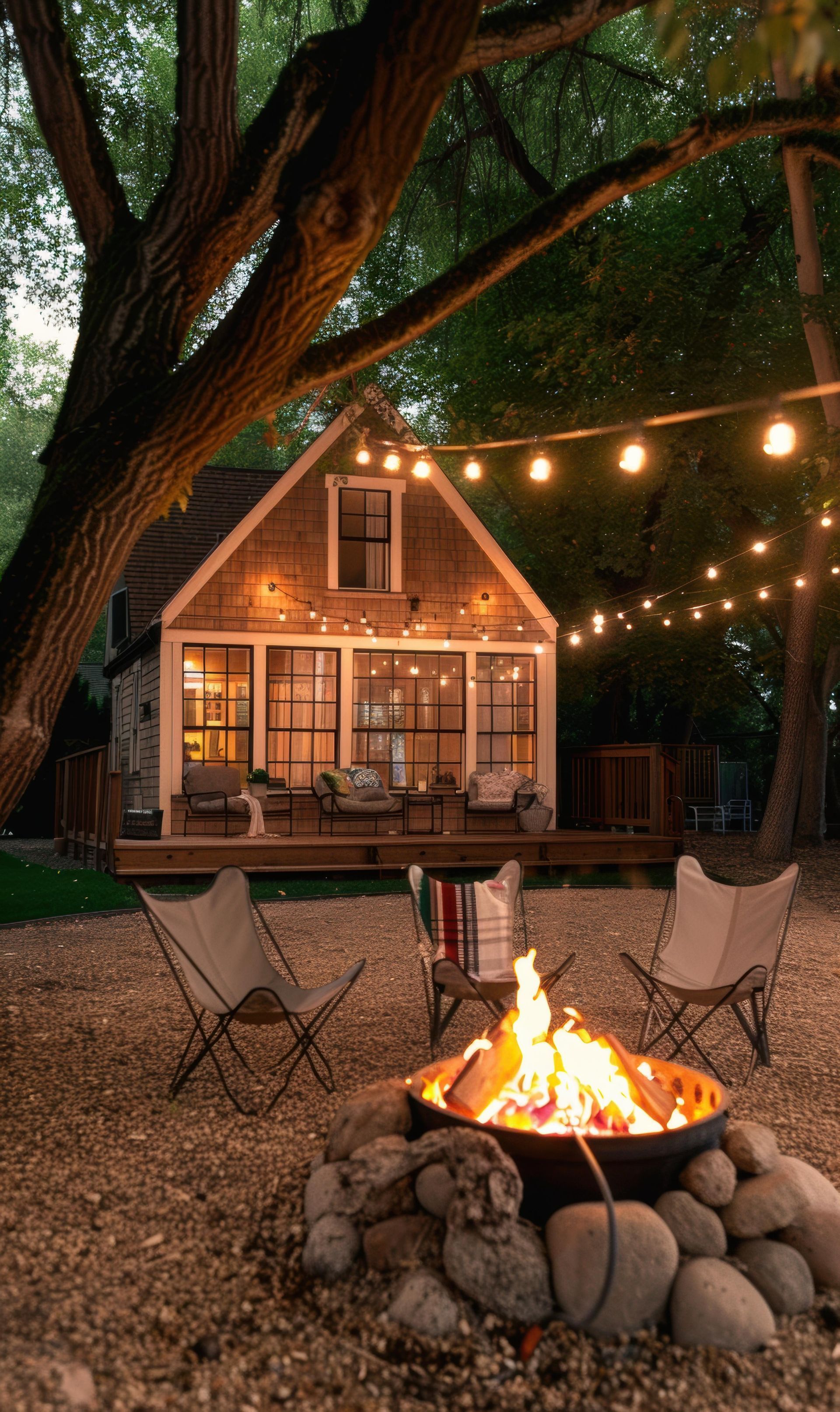 Chalet confortable avec foyer et guirlandes lumineuses. Deux chaises papillon face aux flammes ; jardin gravillonné et arbres tout autour.