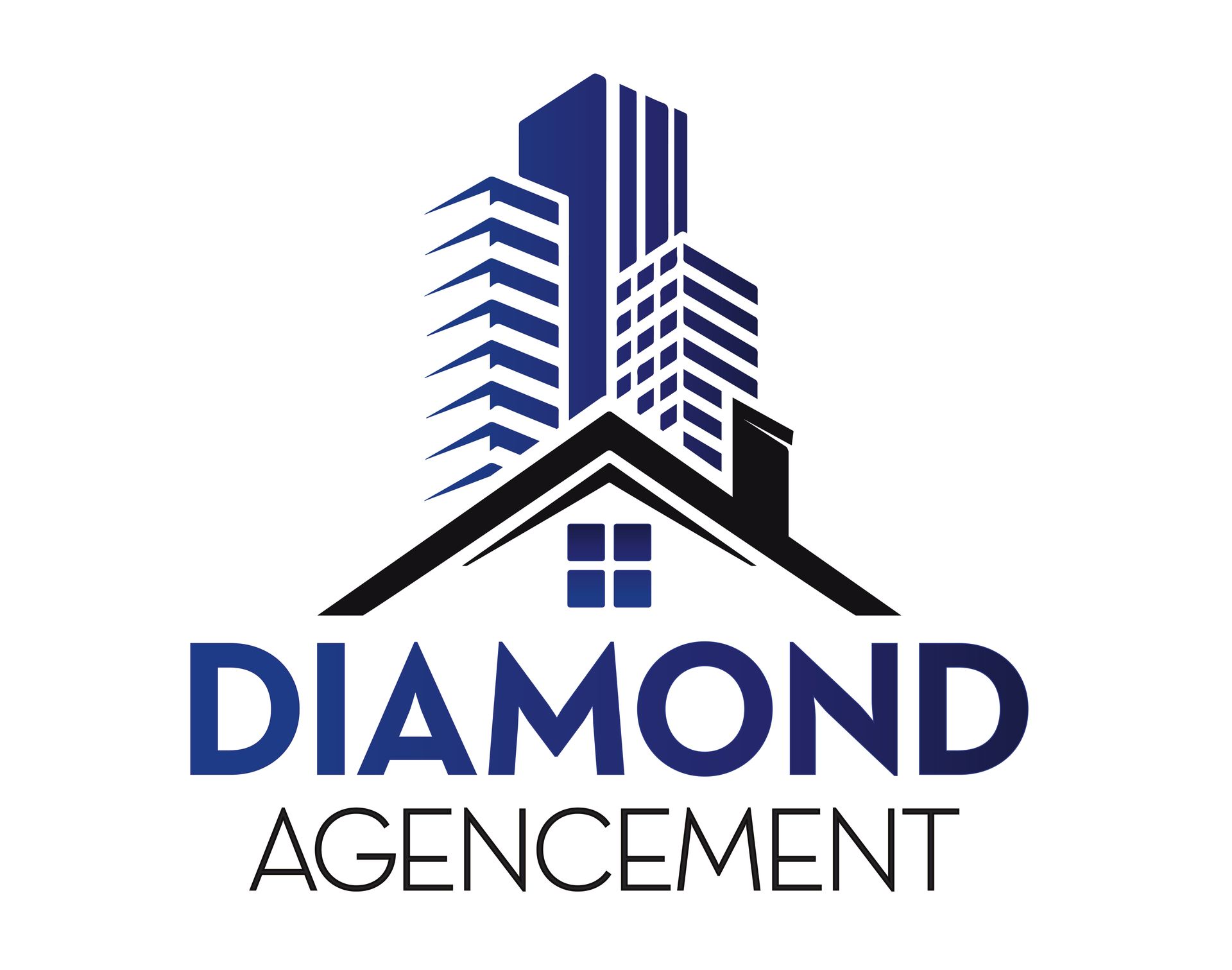 Logo Diamond Agencement : Bâtiments stylisés bleus et noirs surmontés d'une forme de maison, avec texte bleu.