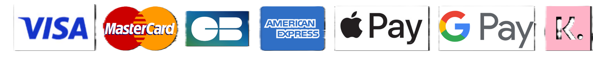 Icônes des méthodes de paiement : Visa, Mastercard, GB, American Express, Apple Pay, Google Pay et Klarna.
