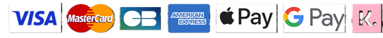 Icônes des méthodes de paiement : Visa, Mastercard, GB, American Express, Apple Pay, Google Pay et Klarna.