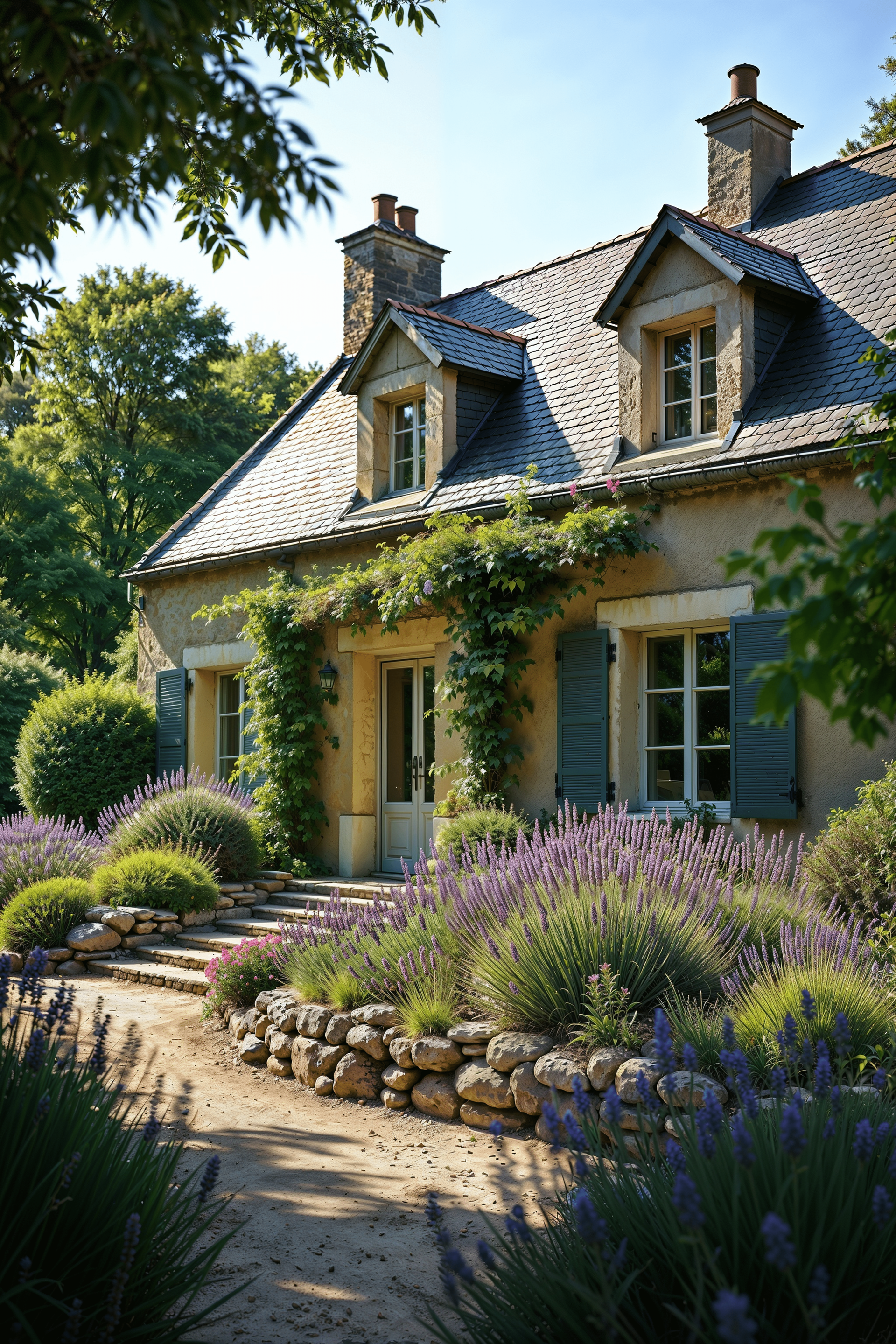 Maison en pierre avec volets bleus, jardin de lavande, chemin en pierre et verdure grimpante.