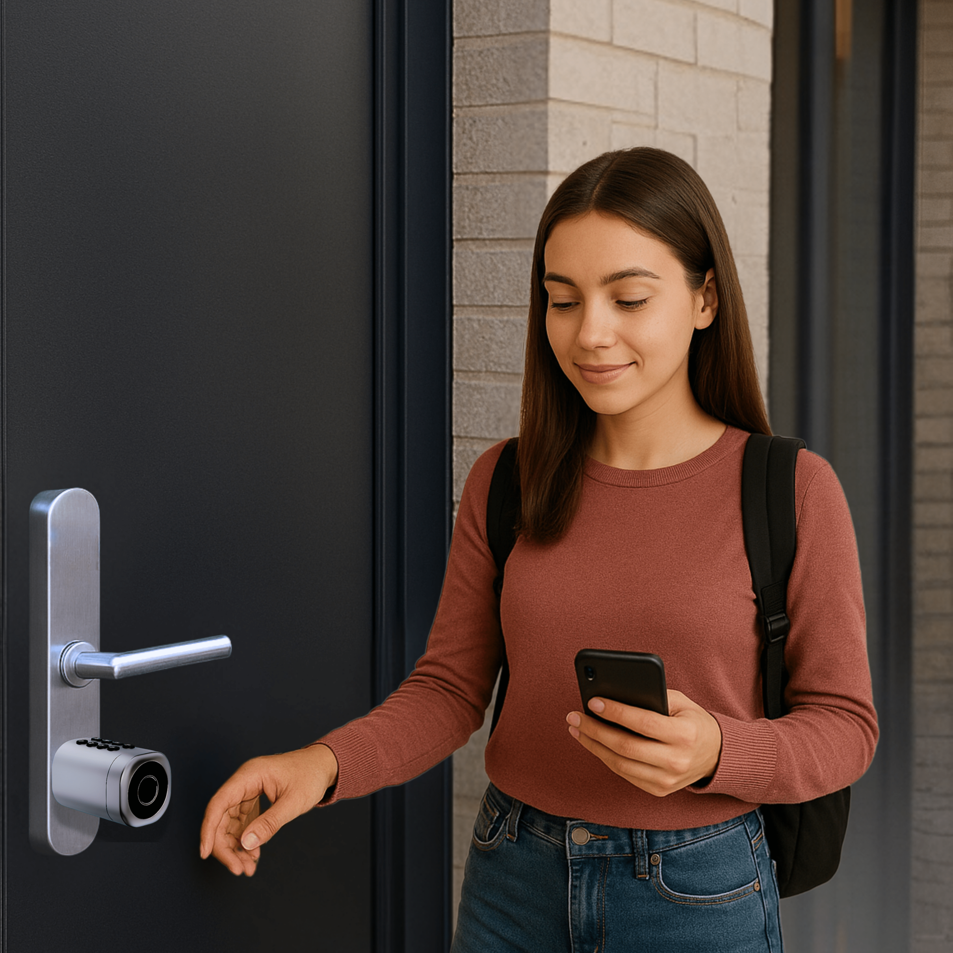 Une femme déverrouille une porte avec une serrure intelligente à l'aide de son téléphone, debout à l'extérieur d'un bâtiment moderne.