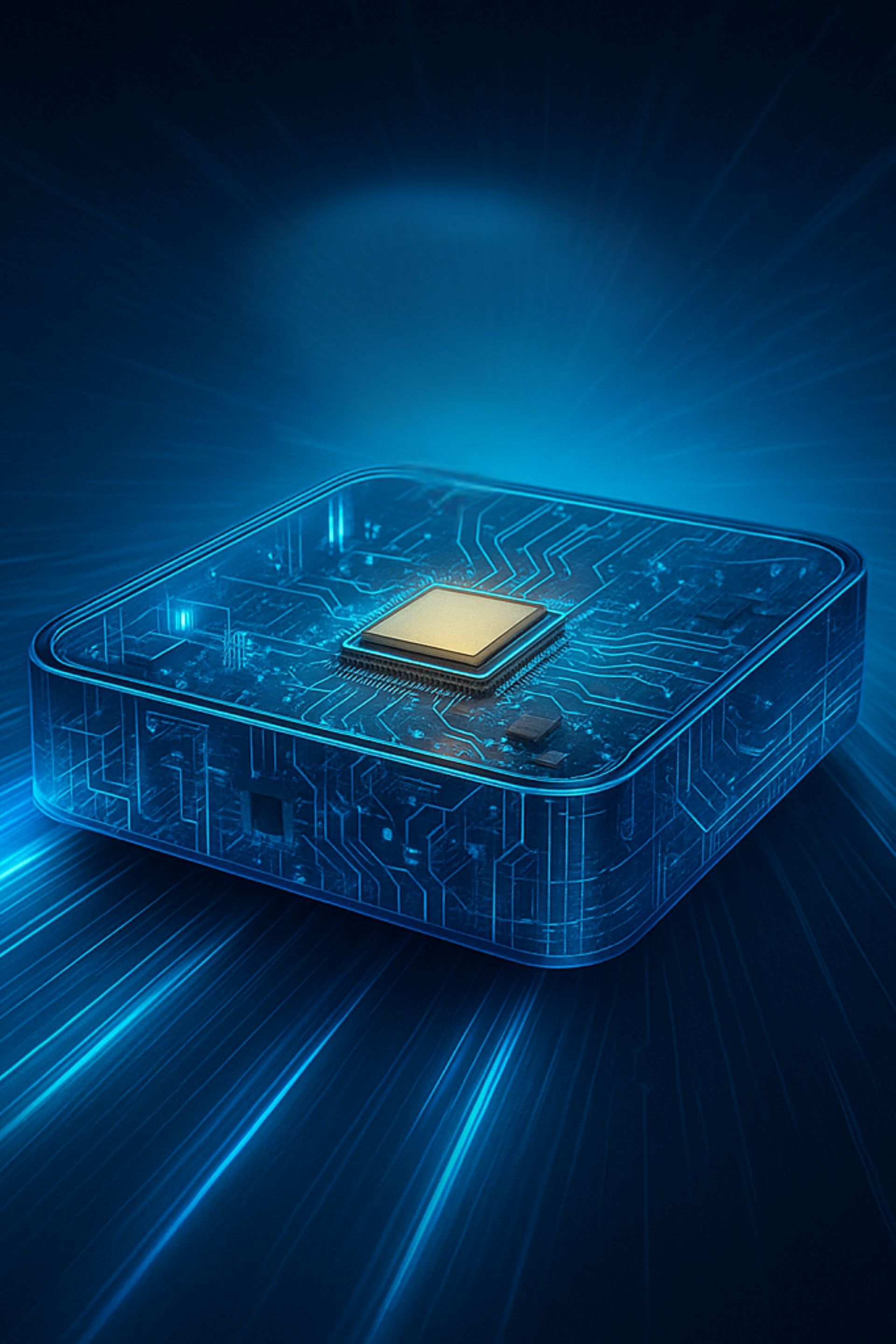 Appareil électronique bleu avec un processeur central en or, conception de circuit imprimé lumineux.