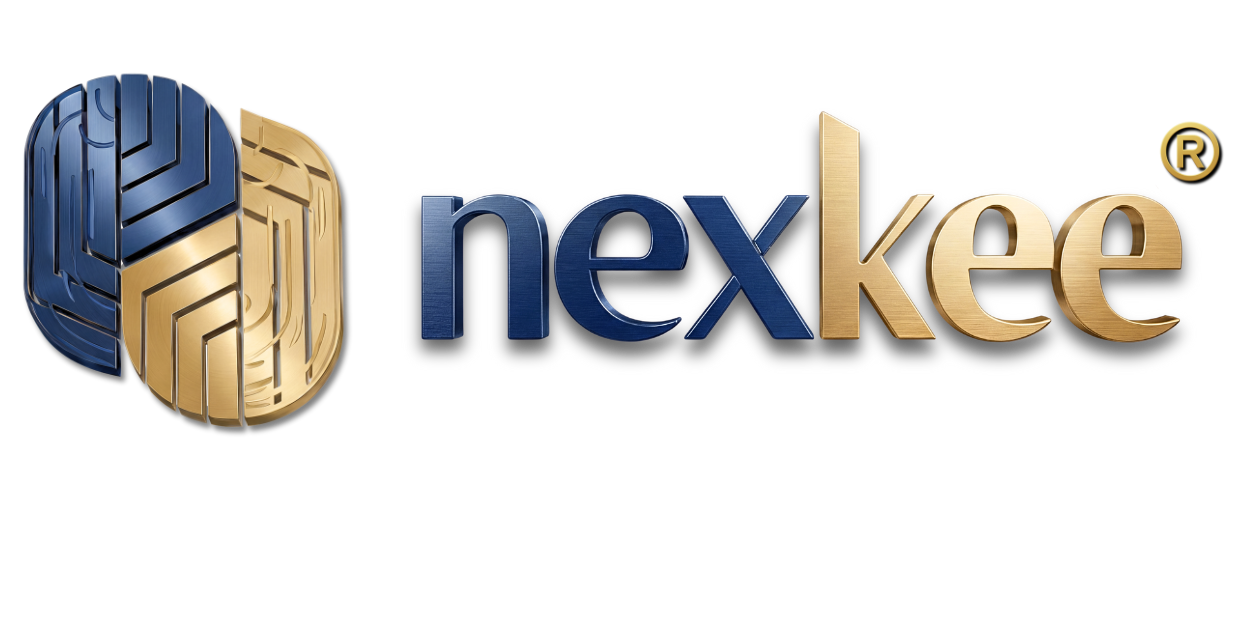 Accueil Logo pour nexkee, présentant un design abstrait bleu et or avec le nom de l'entreprise à droite en lettres bleues et or.
