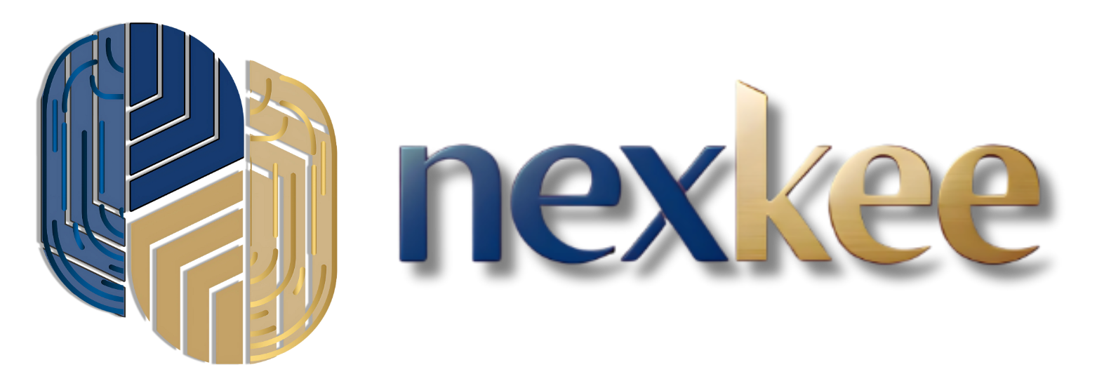 Logo pour nexkee, présentant un design abstrait bleu et or avec le nom de l'entreprise à droite en lettres bleues et or.