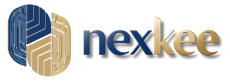 Logo pour nexkee, présentant un design abstrait bleu et or avec le nom de l'entreprise à droite en lettres bleues et or.