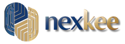 Logo pour nexkee, présentant un design abstrait bleu et or avec le nom de l'entreprise à droite en lettres bleues et or.