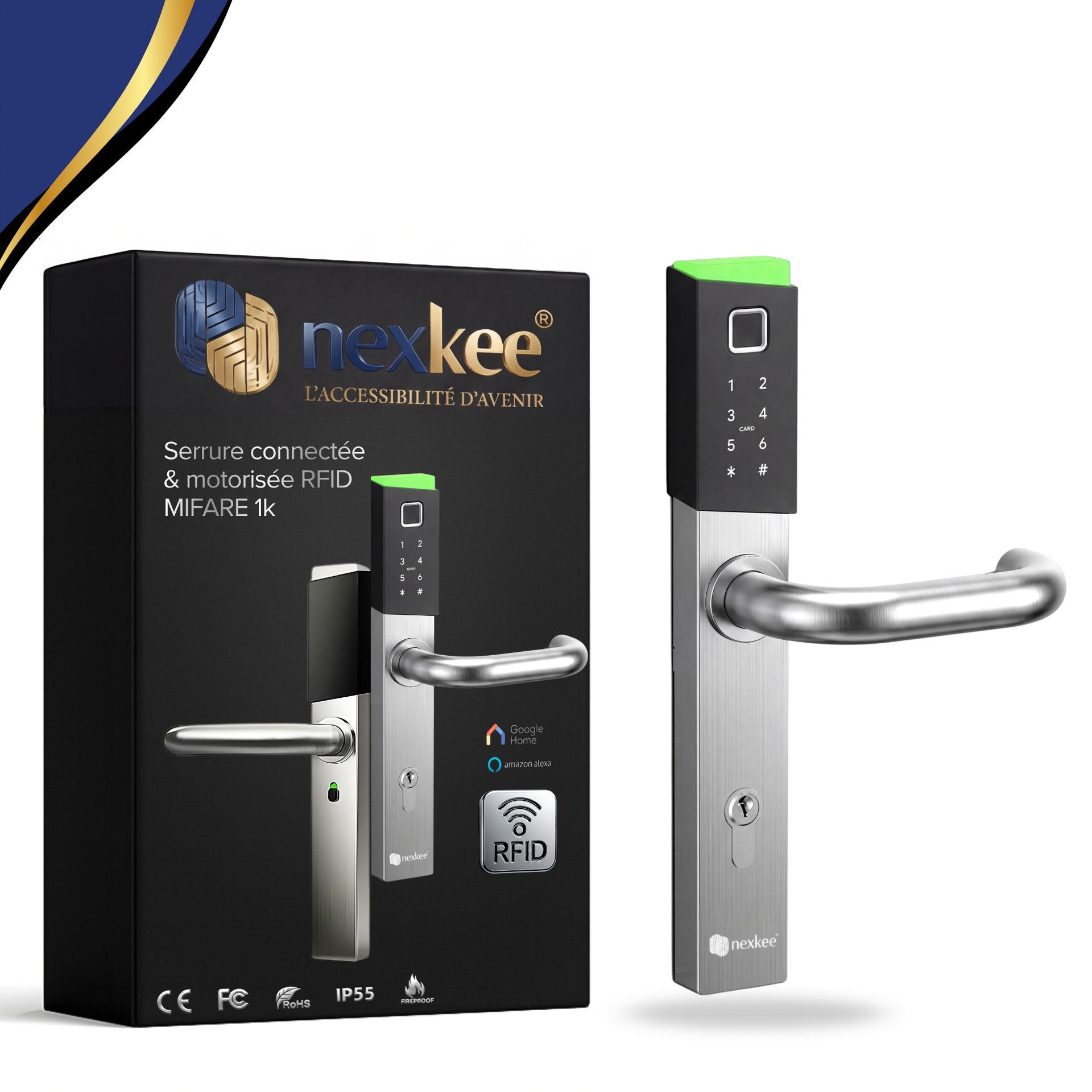Boîtier et serrure de porte intelligente installée : argenté, avec RFID, boîtier noir, dessus vert/noir, poignée à levier.