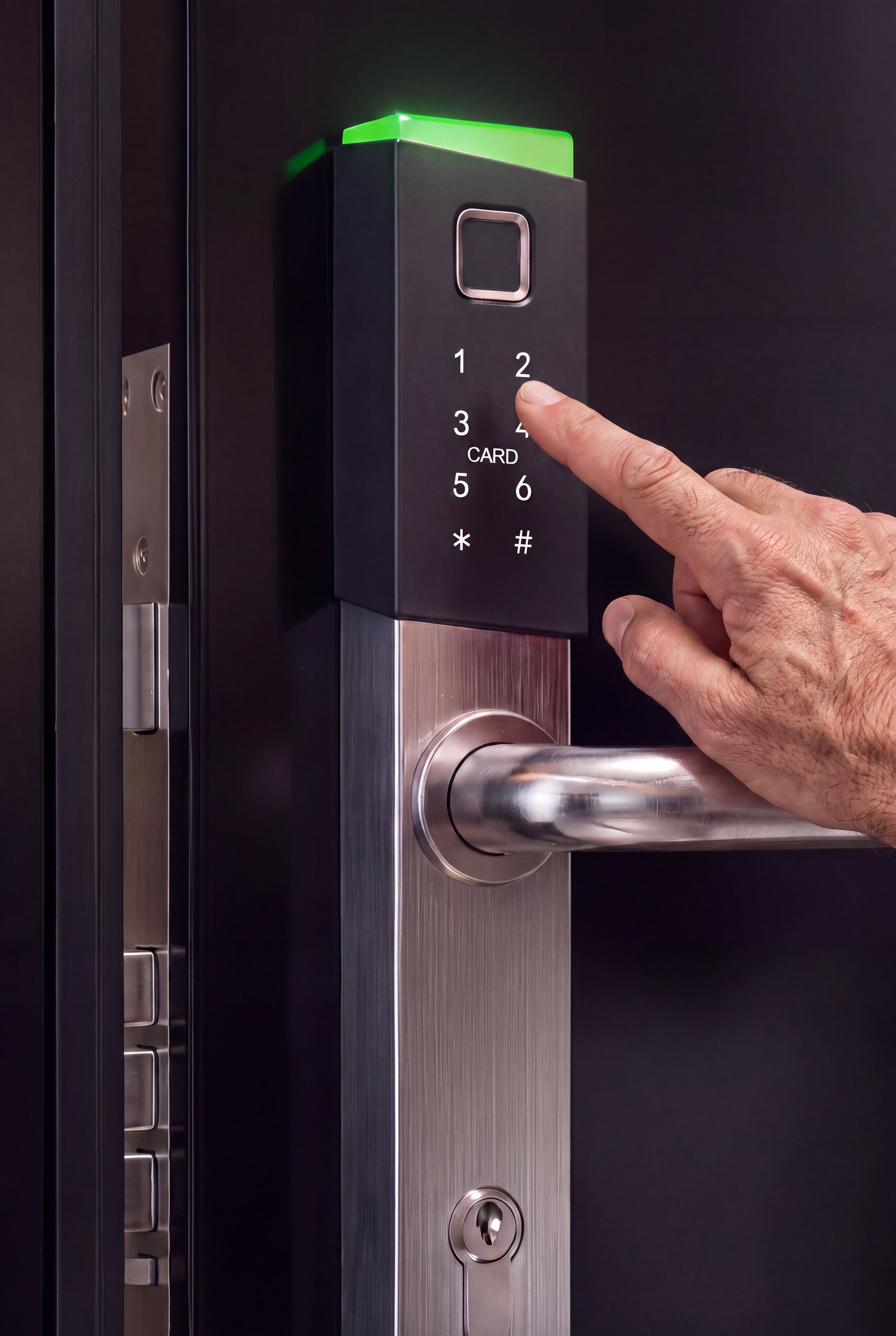 Serrure de porte numérique avec clavier et poignée à levier sur porte blanche.