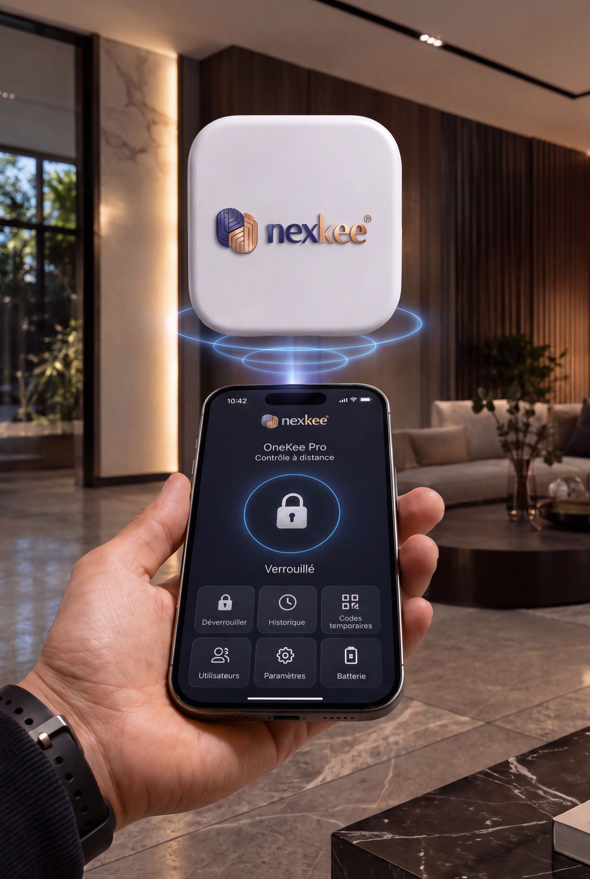 Smartphone avec icône de cadenas numérique superposée, bleu brillant, concept de sécurité.