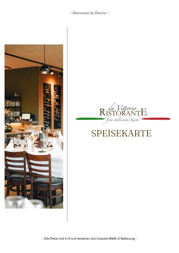 Umschlag der Restaurant-Speisekarte, Logo in den Farben der italienischen Flagge, Text „Ristorante“, Text „Speisekarte“.