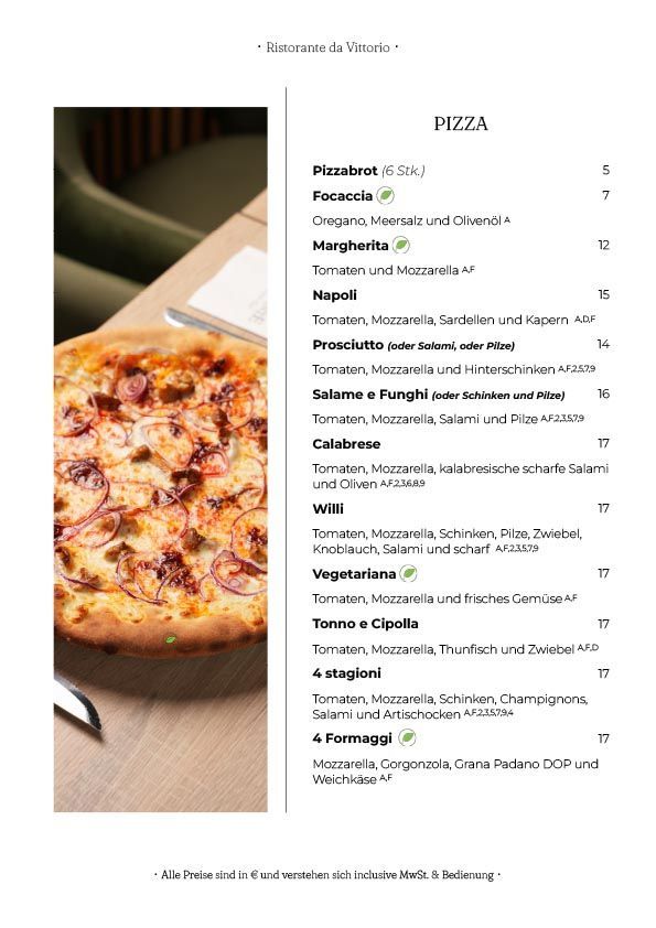 Pizzakarte mit einem Pizzafoto, Text und Preisen.