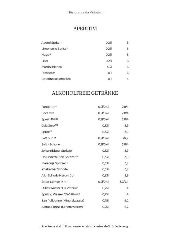 Speisekarte für „Berg“ mit einer Liste von Bieren, Getränken und Weinen. Schwarzer Text auf weißem Hintergrund.