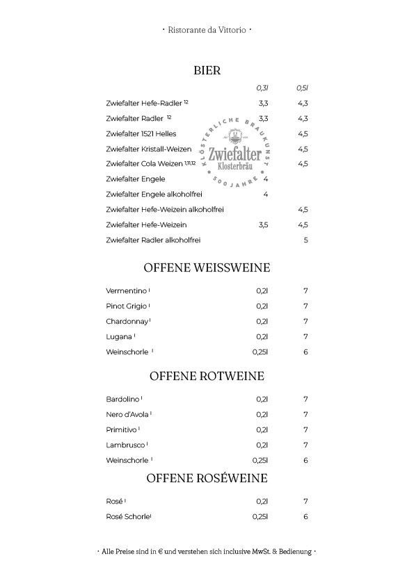 Weinkarte mit Rot-, Weiß- und Roséweinen und Preisen.