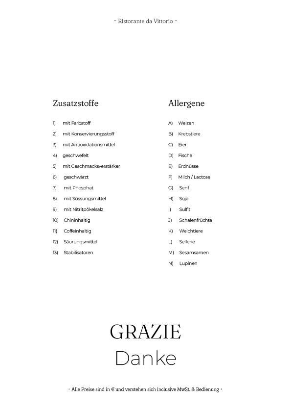 Menüseite mit zwei italienischen Spalten und großem „GRAZIE“ und „Danke“ am unteren Rand.