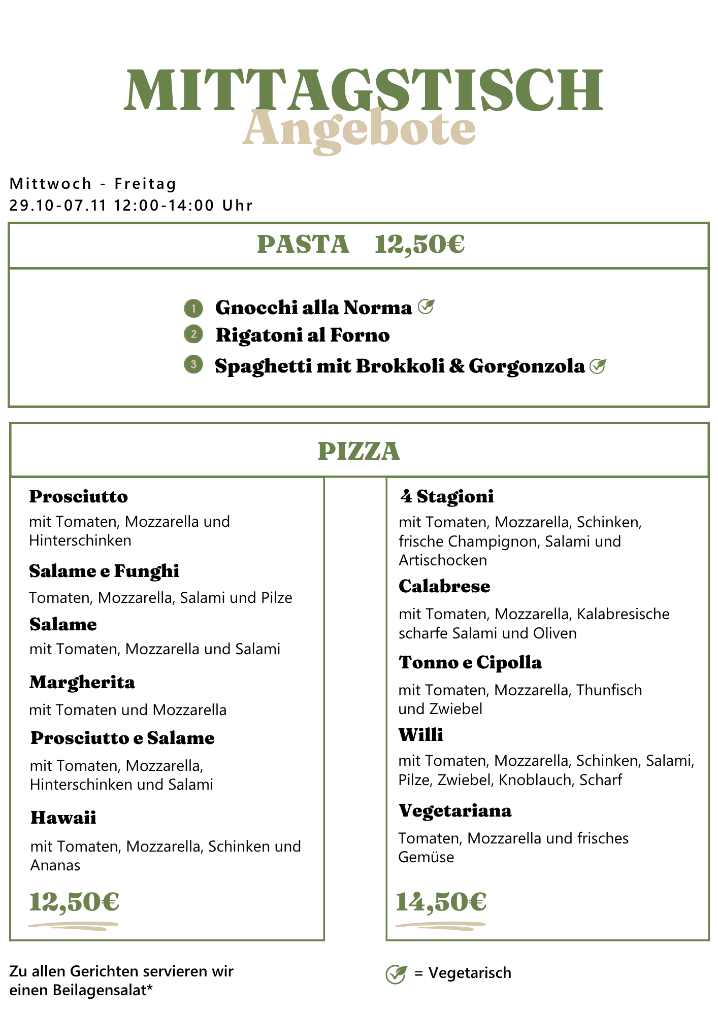 Speisekarte mit Pasta- und Pizza-Optionen; Text in Deutsch; Preise in Euro.