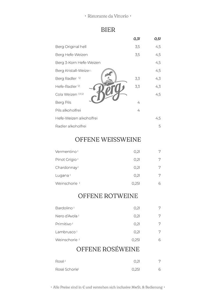 Speisekarte für „Berg“ mit einer Liste von Bieren, Getränken und Weinen. Schwarzer Text auf weißem Hintergrund.