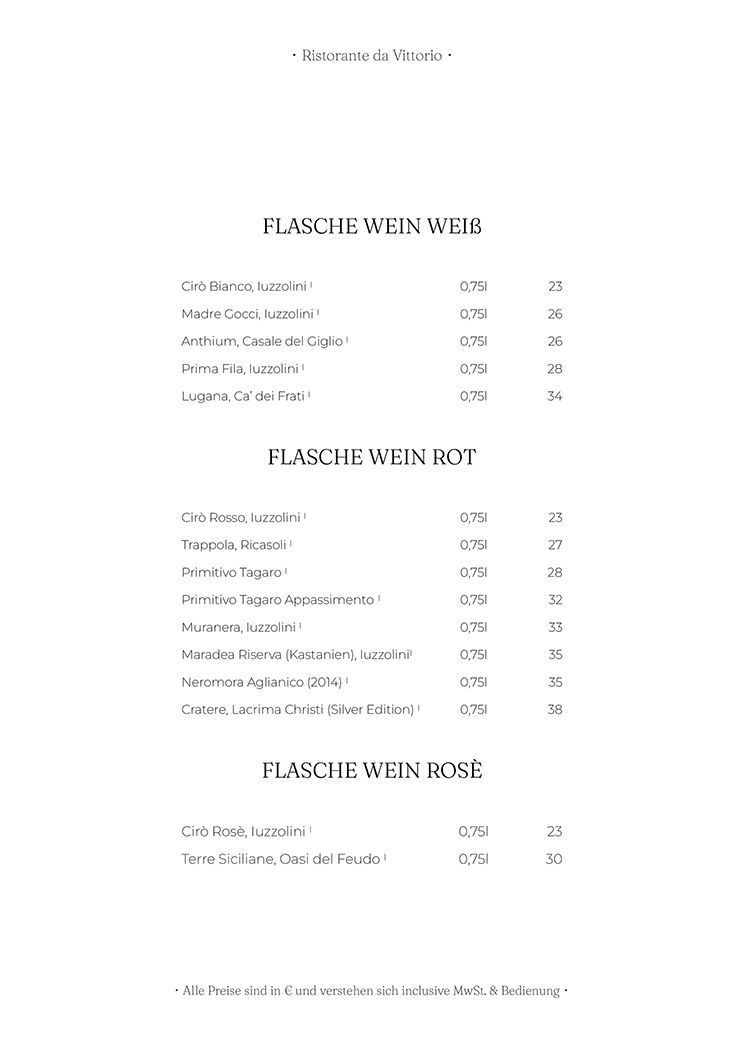 Weinkarte mit Rot-, Weiß- und Roséweinen und Preisen.