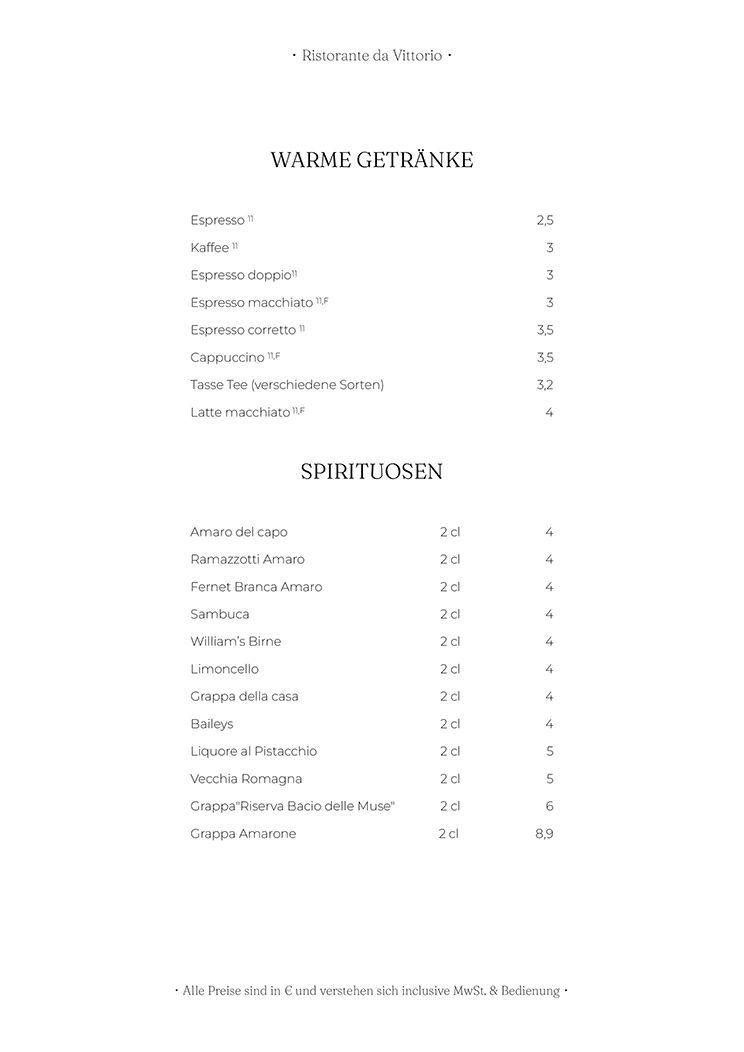 Menüseite mit warmen und kalten Getränken und Preisen.