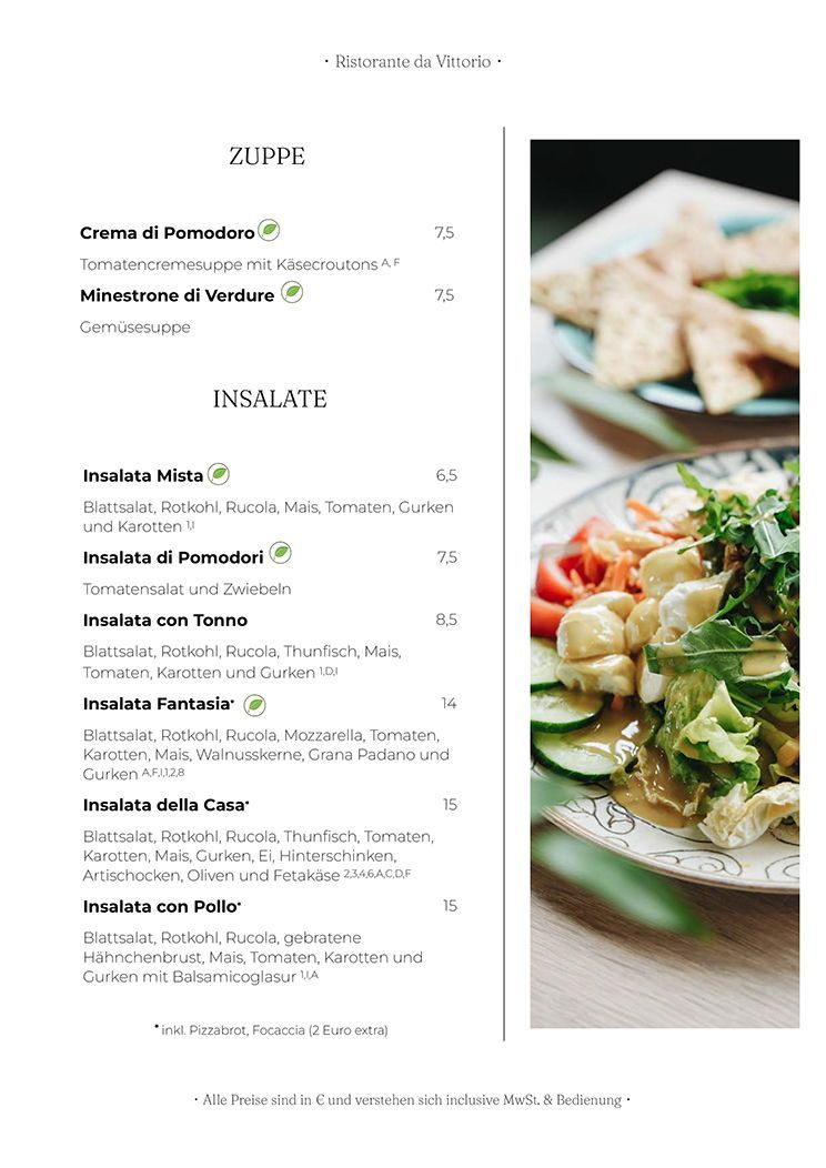 Menüseite mit Gerichten, Preisen und Foto eines Salats.