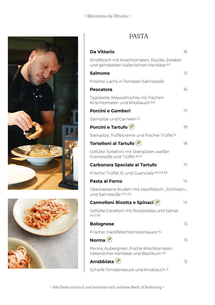 Menü mit Koch und Pastagerichten.