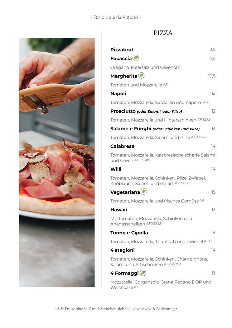 Speisekarte mit Pizzas, eine Hand reibt Käse auf eine Pizza, weißer Hintergrund.