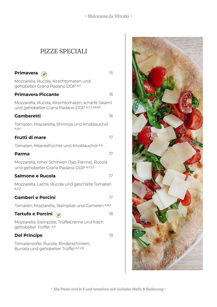 Pizzakarte mit einem Pizzafoto, Text und Preisen.