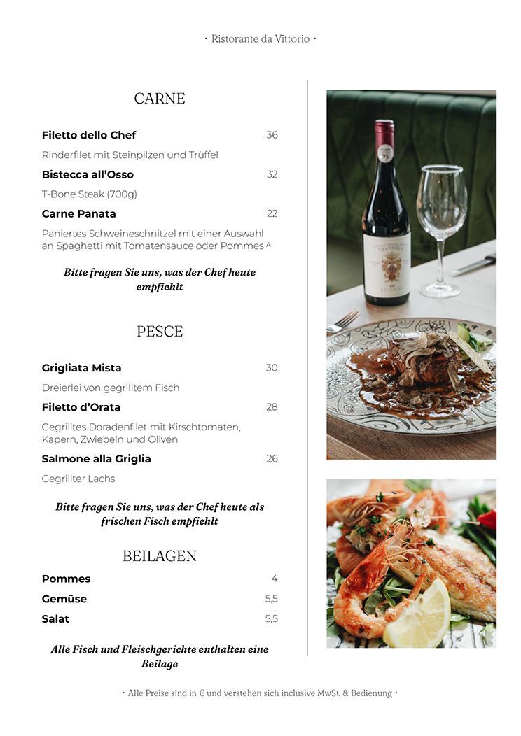 Speisekarte mit Gerichten und Preisen, Weinflasche und Essensfotos.