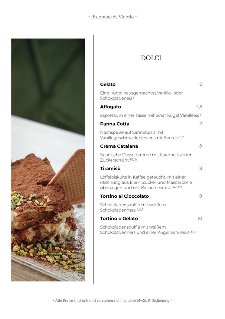 Menüseite mit Desserts und einem dazugehörigen Foto eines Desserttellers mit Pistazien.