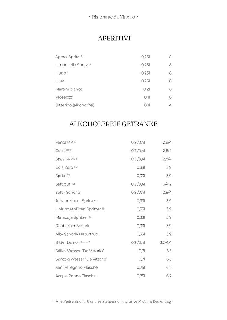 Eine Speisekarte mit aufgelisteten Speisen und Getränken. Die Seite ist in schwarzer Schrift auf weißem Hintergrund dargestellt.