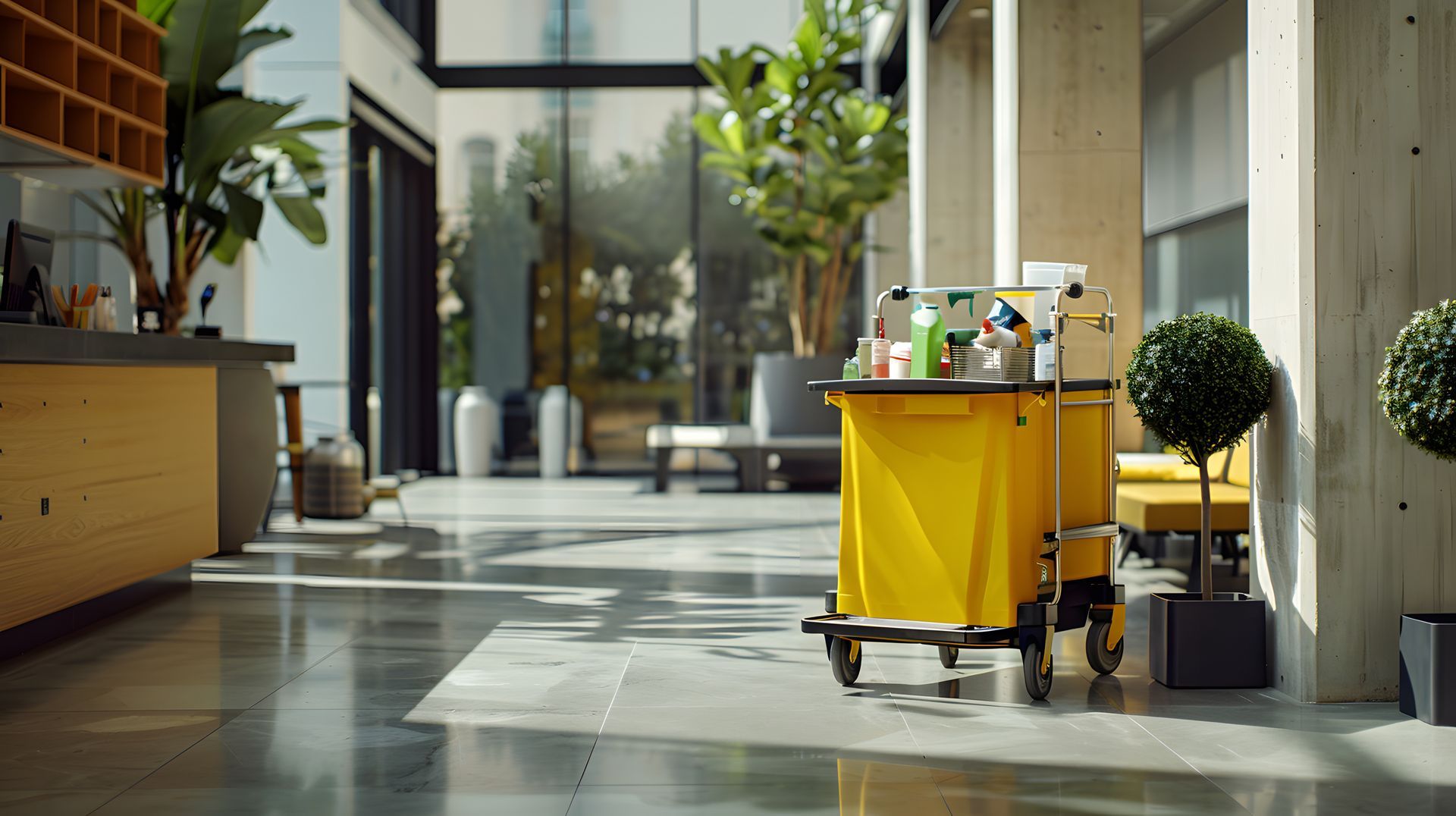 Hall d'entrée avec un chariot de nettoyage