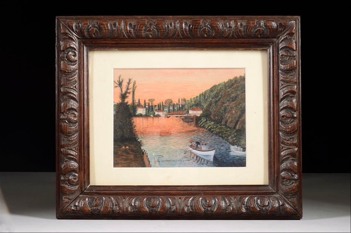 Gerahmtes Ölgemälde einer Flusslandschaft in einem breiten Prunkrahmen.