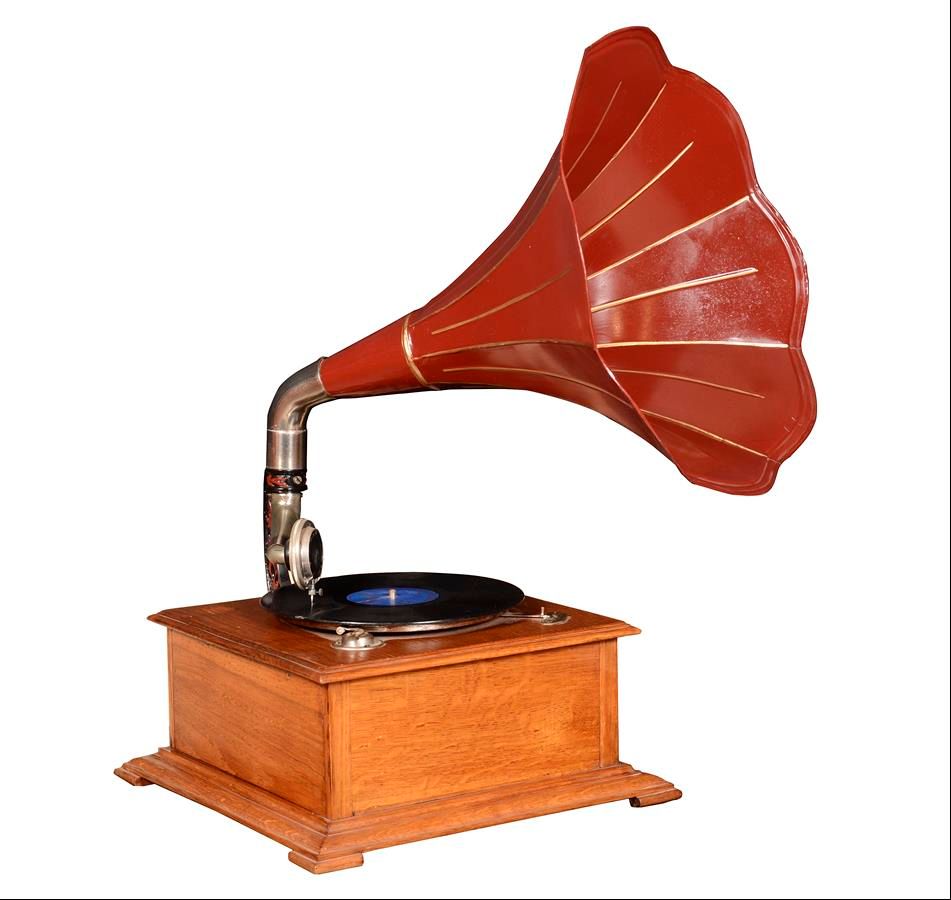 Nostalgisches Grammophon mit markantem rotem Schalltrichter.