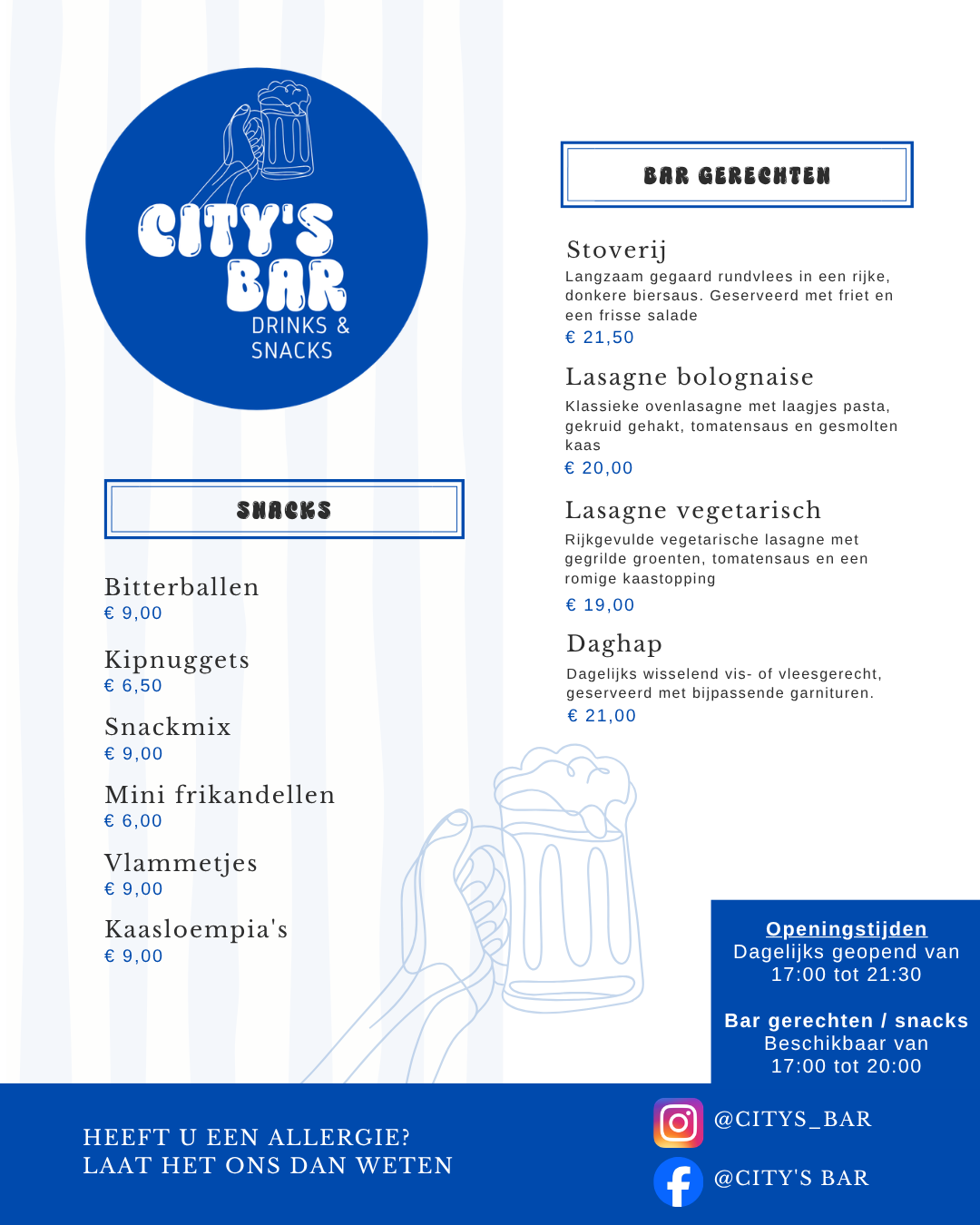Menu voor City's Diner met categorieën als Vegetarisch, Hoofdgerechten en Desserts.