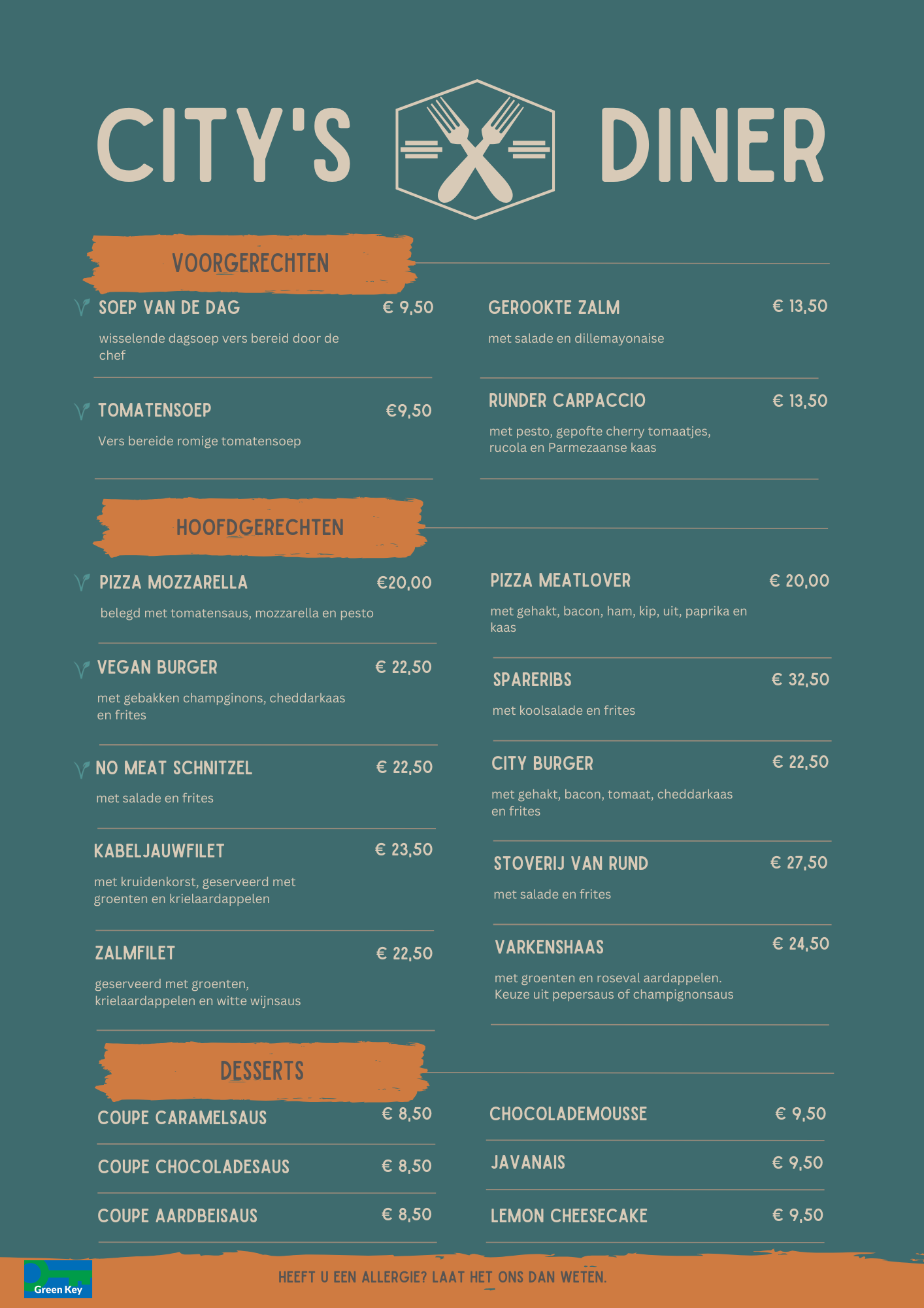Menu voor City's Diner met categorieën als Vegetarisch, Hoofdgerechten en Desserts, weergegeven tegen een blauwgroene achtergrond.