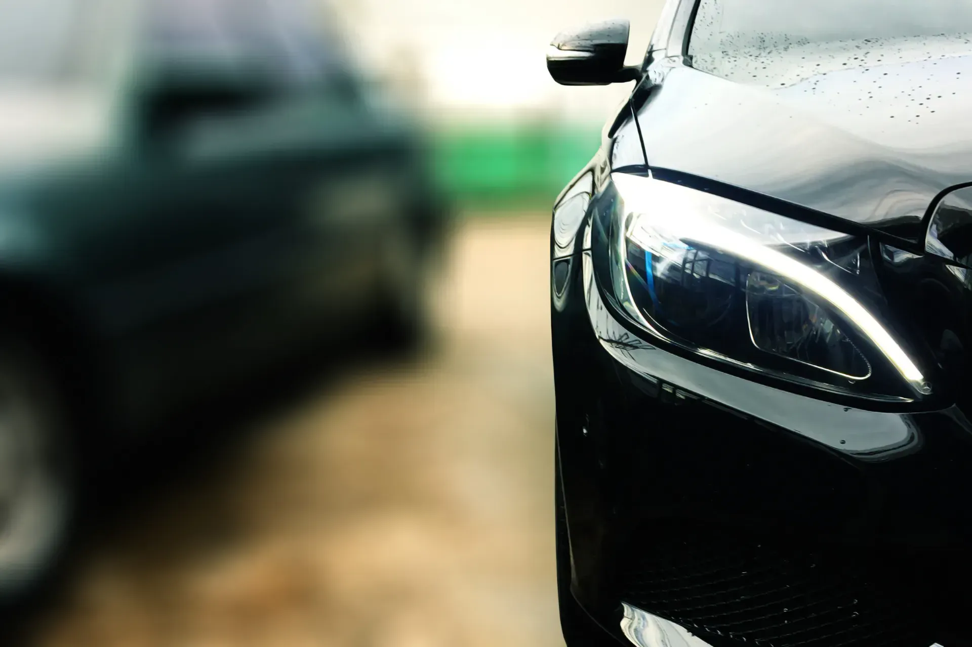 Un coche negro está estacionado al lado de un coche verde en un camino de tierra.