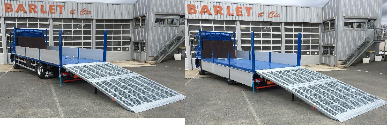 Carrosserie plateau ridelle avec rampe hydraulique dépliée